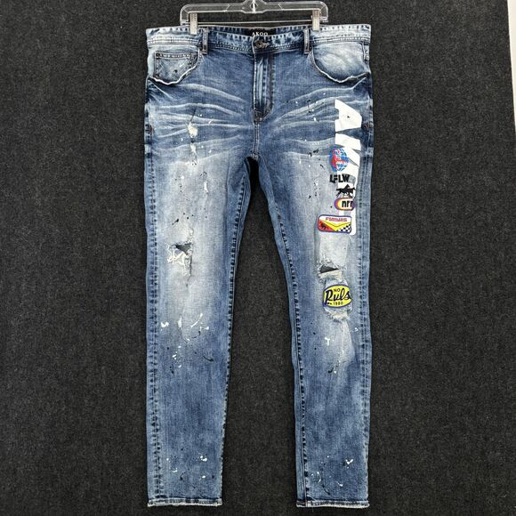 Akoo Jeans Men's 40x32 Blue Distressed Holes Faded Skinny Patchwork Denim Pants - Picture 1 of 14